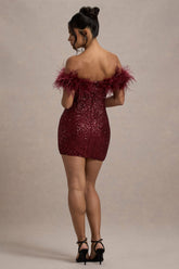 Burgundy Bodycon Sequin Mini Dress With Feather Trim